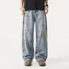 Pantalones de mezclilla desgastados estilo retro americano, modernos y ligeramente lujosos con diseños de grafiti para hombre, nueva colección otoño 2026, corte holgado, pierna recta, pantalones largos