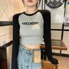 Camiseta Retro Americana Bm Corta hasta la Cintura de Manga Larga para Mujer 2024 Principios de Otoño Algodón Puro Sexy Slim Bajo Top de Hombro Derecho