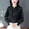 Nova blusa tradicional estilo chinês, modelo novo de primavera, camiseta de manga longa com botões decorativos, design único, blusa feminina elegante e única
