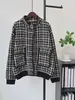 Cardigan de Lana de Doble Cara con Cuello Alto, Color Contrastante, Estampado de Cuadros, Cremallera, Tejido, Nuevo Diseño Otoño/Invierno, Suéter Abrigo Holgado, Ropa para Mujer