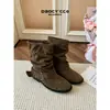Botas de cowboy occidentales para mujer, nuevas botas de verano 2026, estilo vintage Maillard con hebilla de cinturón, tacón grueso, botines fruncidos