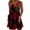 Vestido sin mangas con estampado de rosas y murciélagos de Halloween, estilo tinta oscura, minivestido tipo tank top de corte A holgado con cuello redondo