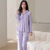 En stock algodón puro reversible raya 40 hilos 200g manga larga pantalón largo conjunto de pijama para mujer ropa de casa de dos piezas se puede usar para salir
