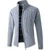 Cárdigan de Punto para Hombre, Forrado de Polar, Cálido, con Cremallera, Cuello Alto, Color Sólido, Versátil, Textura de Punto Trenzado, Chaqueta Suéter Transfronteriza para Otoño e Invierno para Hombre