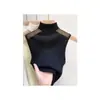 Camisola de Renda Vazada Desejo Puro Camada Interna Feminina Nova Blusa Meia-Gola Manga Longa Top Curto Sem Mangas