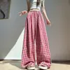 Pantalones de cuadros de pierna ancha con ribete de encaje estilo coreano para mujer, nuevos de primavera-verano, de cintura alta, versátiles, holgados, casuales, de pierna recta