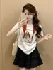 Camiseta de Manga Corta con Estampado de Dibujos Animados Moda Coreana para Mujer Verano 2026 Estilo Simple y Relajado Top con Bufanda de Seda