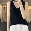 Colete de malha feminino fino, cor sólida, sem mangas, gola V, alça base, solto, casual, feito de lã penteada