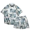 Traje de Flores para Viaje de Verano Camisa de Manga Corta para Hombre Vacaciones en la Playa del Mar Ocio Sudeste Asiático Pantalones Cortos Holgados de Cinco Puntos para Hombre