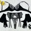 Conjunto de Sujetador de Comercio Exterior Ruso Encaje de pestañas bordado fino Corte Sexy Tentación Lencería Portaligas