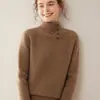 Suéter de Cachemira Pura para Otoño e Invierno, Jersey de Punto con Botones, Prendas de Punto para Mujer, Cuello Alto, Tejido Waffle, Engrosado, Casual, Versátil, Top