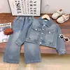 Conjunto de Outono para Meninas 2026: Conjunto de Duas Peças Jeans com Manga Longa, Borboleta de Strass e Calça para Meninas