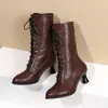 Nuevas en stock botas de media pantorrilla con cordones de encaje transfronterizas, botas de montar con cordones en la parte delantera, botas casuales de longitud media talla grande