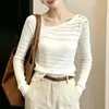 Nuevo top de punto estilo 'chica hot' de deseo puro, con hombros descubiertos, cuello diagonal, botones flotantes, transparente, ajustado y sexy