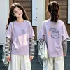 Camiseta de manga larga de algodón puro para niñas, top base elegante y moderno para niños, adecuada para primavera y otoño de 2026, con un diseño de imitación de dos piezas