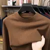 Suéter de malha de manga comprida para outono e inverno para homens, espessado e quente, cor sólida, gola semi-alta, camiseta de gola redonda, suéter masculino