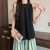 Camisa de Gola Sem Mangas Estilo Coreano Verão Feminino Nova Moda Decote Redondo All-match Elegante Chic Plissado Azul Top Na Moda