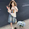Camiseta de Manga Curta para Meninas Verão Nova Gola Redonda Europeia e Americana Roupas de Verão de Manga Curta para Crianças Roupas Infantis Estilosas Top