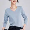 Camiseta Básica Feminina Primavera/Verão 2026, Gola V, Caimento Solto, Algodão Mercerizado Dupla Face de Contagem 80, Blusa Feminina de Manga Longa