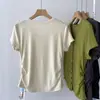 Camiseta de Algodón Tencel 2026 con Pliegues Laterales en la Cintura Adelgazante, Cuello en V, Botones para Mujer, Estilo Coreano de Verano, Hombro Normal, Corte Delgado, Top Elástico