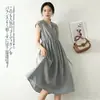 Vestido midi xadrez preto com cordão e decote V para mulheres, novo vestido de verão A-line de manga curta