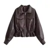 Jaqueta Retro Estilo Europeu e Americano Jaqueta de Couro Sintético Curta Moda Outono Gola Lapela Zíper Cintura com Cordão de Ajuste Solta Outerwear para Mulheres