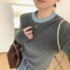 Suéter de punto con cuello redondo y combinación de colores avanzada para mujer, suéter de otoño e invierno suave, encerado, adelgazante, combinable con todo, de manga larga, para mujer.
