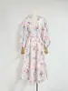 Moda Europeia e Americana Elegante Novo Decote V Fino Floral Saia Tutu Cintura Elástica Drapeada Slim Saia Botão de Flor