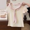 Camiseta de Manga Corta con Cuello Azul Marino Contrastante en el Hombro Derecho Estilo Coreano para Mujer Verano Dulce Chica Estilo Preppy Aspecto Adelgazante Top Corto Ins
