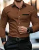 Camisa de Manga Larga para Hombre con Estampado 3D de Color Contrastante, Corte Entallado, No Planchar, Estilo Business Casual Europeo Transfronterizo