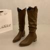 Botas Longas Marrons de Boca V para Mulheres 2025 Primavera Novo Salto Grosso Camurça Botas Altas de Cavaleiro Botas Western Populares