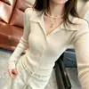 Blusa de malha cinza estilo coreano com gola polo e mangas compridas para mulheres, novo modelo outono 2026, blusa básica justa