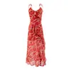 Vestido Vermelho Floral Romântico Estilo Francês com Babados Deslumbrantes e Alças Finas, Estilo Verão, Cintura Marcada, Caimento Ajustado, Elegante Vestido Longo