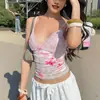 Camisola de encaje con cuello en V estilo europeo y americano para mujer, estampado de leopardo floral fruncida cintura corta que revela el abdomen, ajuste ceñido, top de tirantes interior para chica popular de Instagram