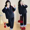 2026 Nuevo Diseño Otoño/Invierno Conjunto de Dos Piezas Rayado Estilo Coreano Holgado Moderno Sudadera para Mamá Conjunto de Maternidad