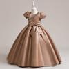 Novo Vestido Infantil Transfronteiriço Meninas Manga Bolha de Cetim Contas Laço Longo Vestido Princesa Performance de Aniversário
