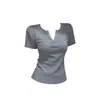 Nuevo Estilo de Verano Top de Manga Corta con Cuello en V para Mujer, Camiseta Casual de Color Sólido Costillado Ajustado Adelgazante Hombro Normal, Moda Japonesa y Coreana