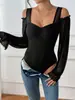 Mono de Comercio Exterior Transfronterizo de Amazon con Hombros Descubiertos Transparente de Manga Larga Sexy para Chica Caliente Cuadrado Delgado Mono para Mujer Negro
