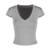Camiseta Roja de Cuello en V de Manga Corta para Mujer en Verano Pura Pasión Sexy Sexy Ajustada al Cuerpo con Top Blanco de Hombro Derecho Ajustado