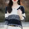 Cor da moda combinando fio floral gola V algodão feminino malha manga longa solto casual primavera e verão novo top pullover camiseta