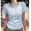 Algodão Puro Design Curto Senso de Estilo Ombro Direito Gola U Manga Curta Camiseta Feminina Verão Garota Quente Estilo Básico Versátil Slim Fit Cintura Marcada Top
