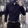 Camisa de manga larga negra de alta gama para hombre, marca francesa, corte slim fit, alta elasticidad, cuello de solapa, camisa casual, nuevo modelo de primavera