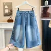 Shorts Jeans Azuis Vintage Plus Size para Mulheres Verão 2026 Patchwork Cintura Alta Comprimento Médio Perna Larga Soltos Cinco Bolsos