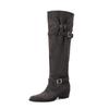 Botas de Moda de Punta Fina con Tacón Grueso de 5.5 cm, Fruncidas y Holgadas, Color Sólido Versátil, Estilo Europeo y Americano, Hebilla de Cinturón, Botas de Alta Moda