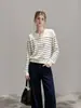 Suéter de punto a rayas de manga larga estilo francés para mujer, una capa interior elegante y única para primavera y otoño, un top de jersey