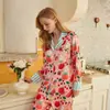 [Fruta] Pijama de Seda Helada Ropa de Casa para Mujer 2025 Otoño Nuevo Traje de Dos Piezas de Pantalón Largo a Cuadros y Fresco