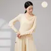 Top de dança feminino soltinho com painéis de tule e punhos fluidos, adequado para dança clássica chinesa moderna e exercícios corporais para adultos