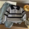 Suéter para Niños 2025 Otoño Nuevo Estilo Niño Bebé Cuello Polo Moda Versátil Rayas Tejido Camisa Top Chaqueta Tendencia