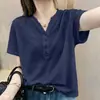 Camiseta de Algodón Slub con Cuello en V de Manga Corta para Mujer, Verano, Corte Holgado, Adelgazante, Tallas Grandes, Moderna, Elegante, Blanca, Nuevo Estilo
