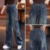 Jeans de Pierna Ancha Largos de Color Sólido de Cintura Alta Adelgazantes con Bordado Estilo Chino, Nuevos para Primavera y Otoño 2025, Casual Versátil Popular para Mujer
